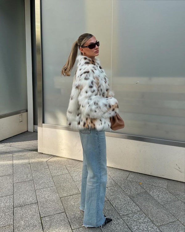 Cappotto in pelliccia sintetica leopardata Celeste