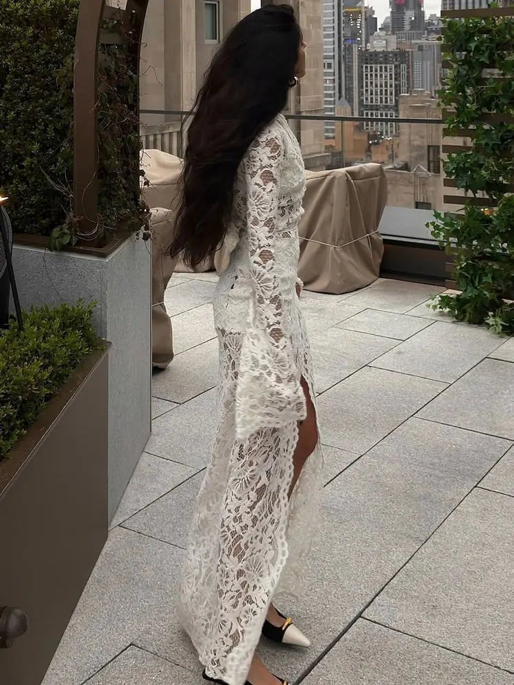 Cecilie Lace Flare-Sleeve Dress in white – styled look