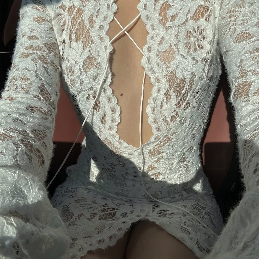 Cecilie Lace Flare-Sleeve Dress in white – detail