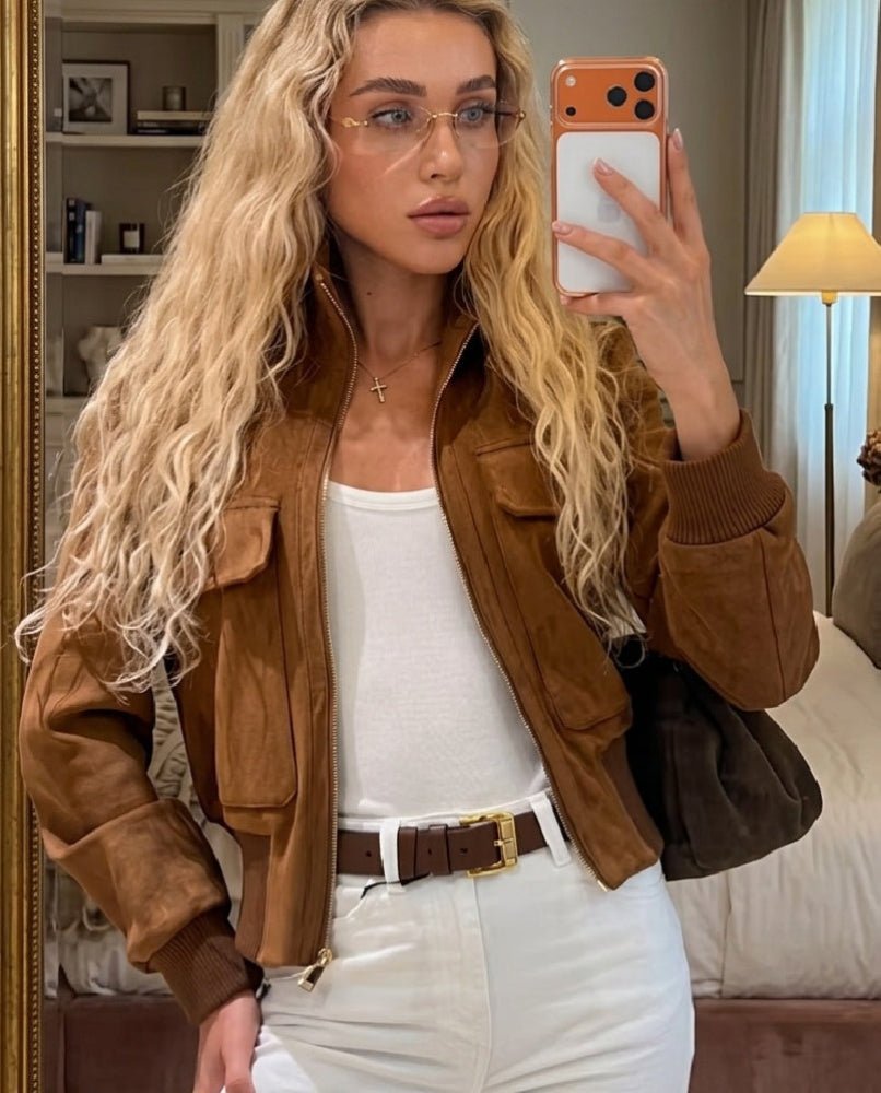 Elin Cropped Bomber Jacket in tan – styled look