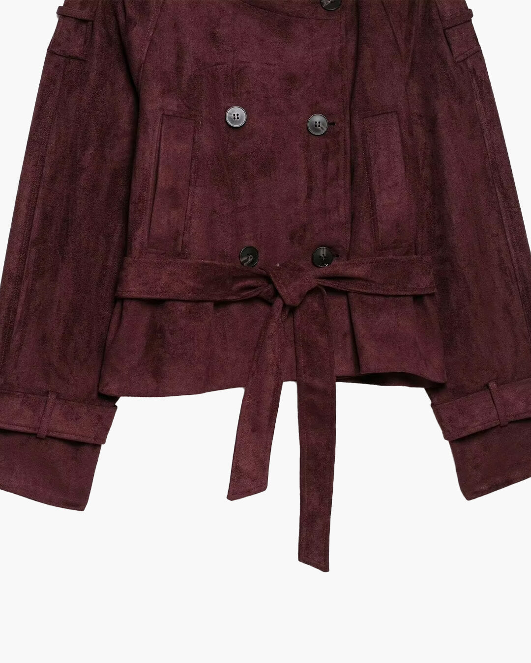Ines Funnel-Neck Belted Faux Suede Jacket in burgundy – detail