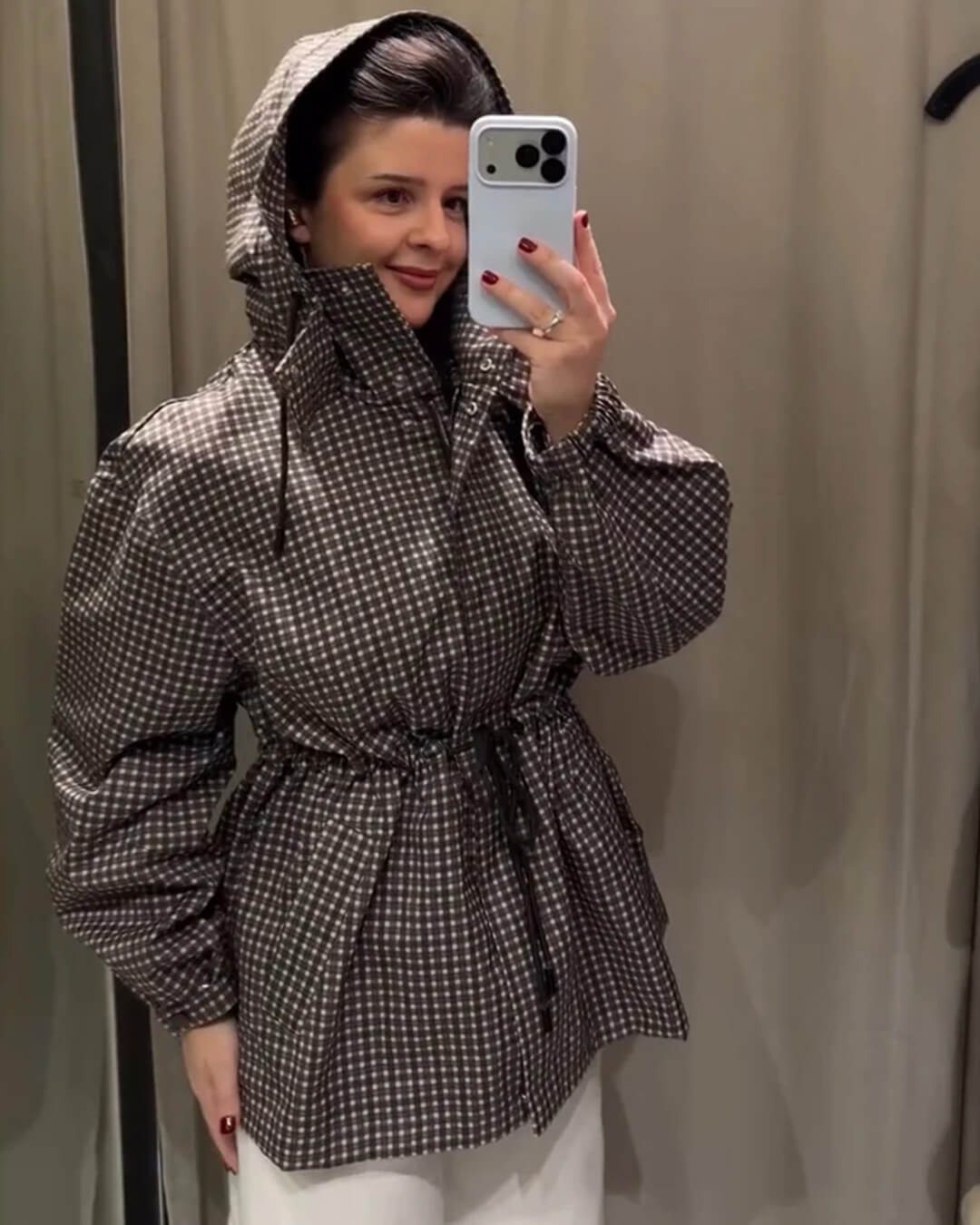 Juni Plaid Hooded Windbreaker in brown check – styled look