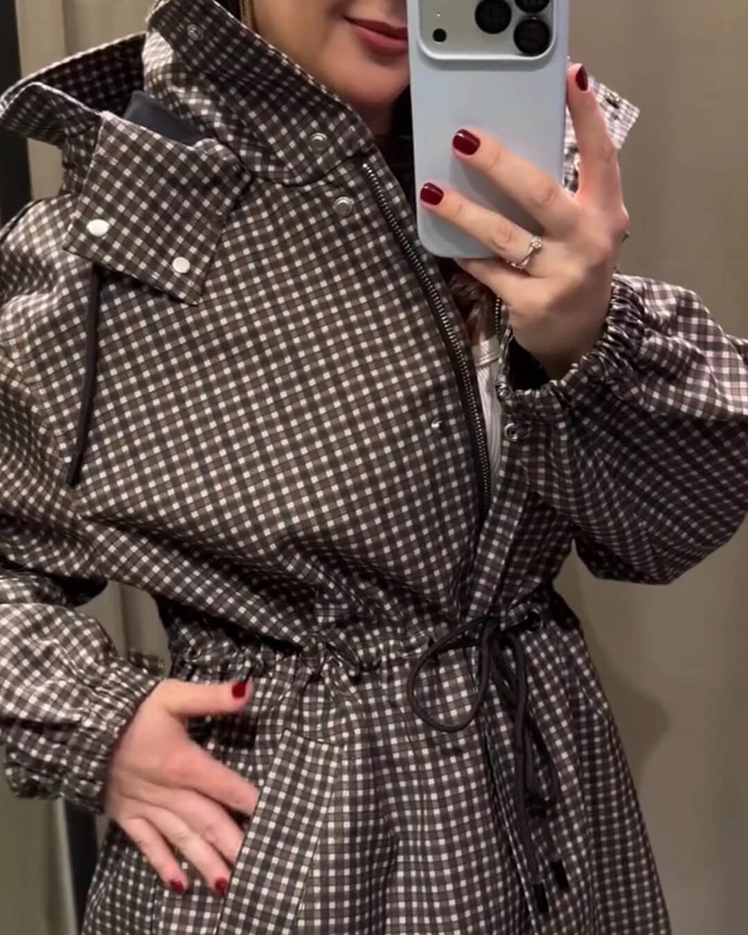 Juni Plaid Hooded Windbreaker in brown check – styled look
