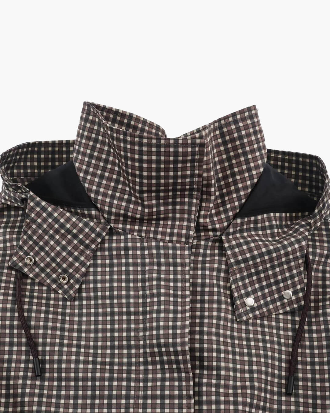 Juni Plaid Hooded Windbreaker in brown check – styled look
