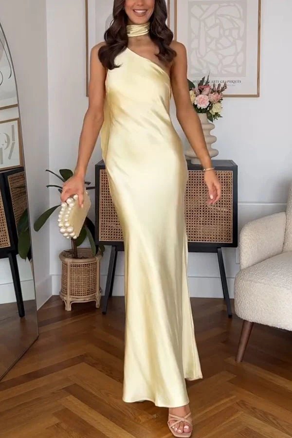 One-shoulder satin-finish evening gown, floor-length