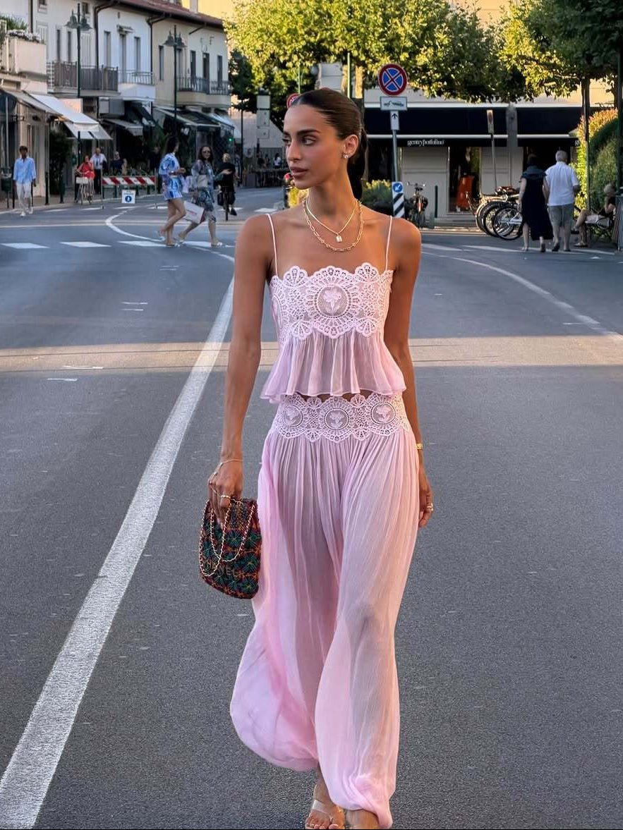 Completo pantaloni in chiffon di pizzo Aiselma
