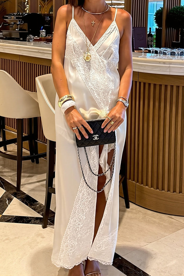 Asymmetric lace and satin-finish midi dress in white