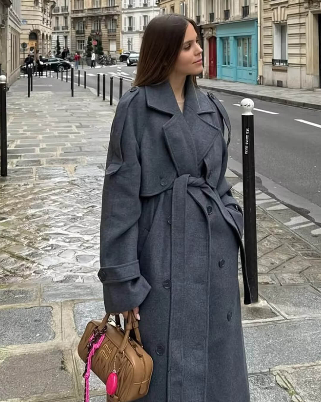 Cappotto lungo con cintura grigio Alicia