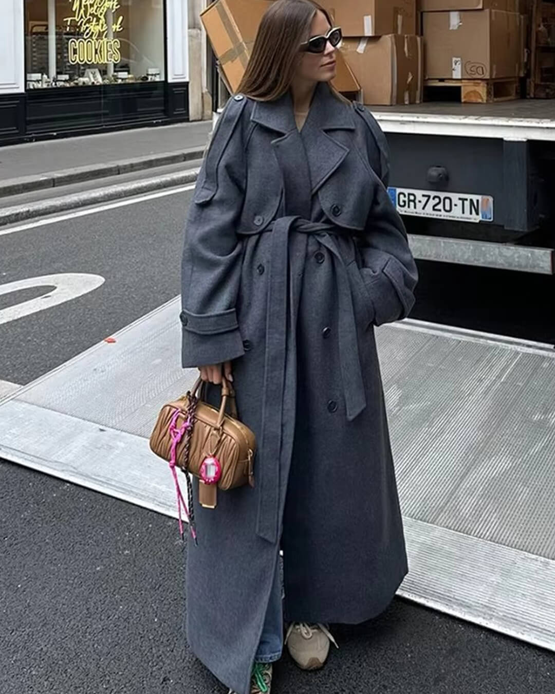 Cappotto lungo con cintura grigio Alicia