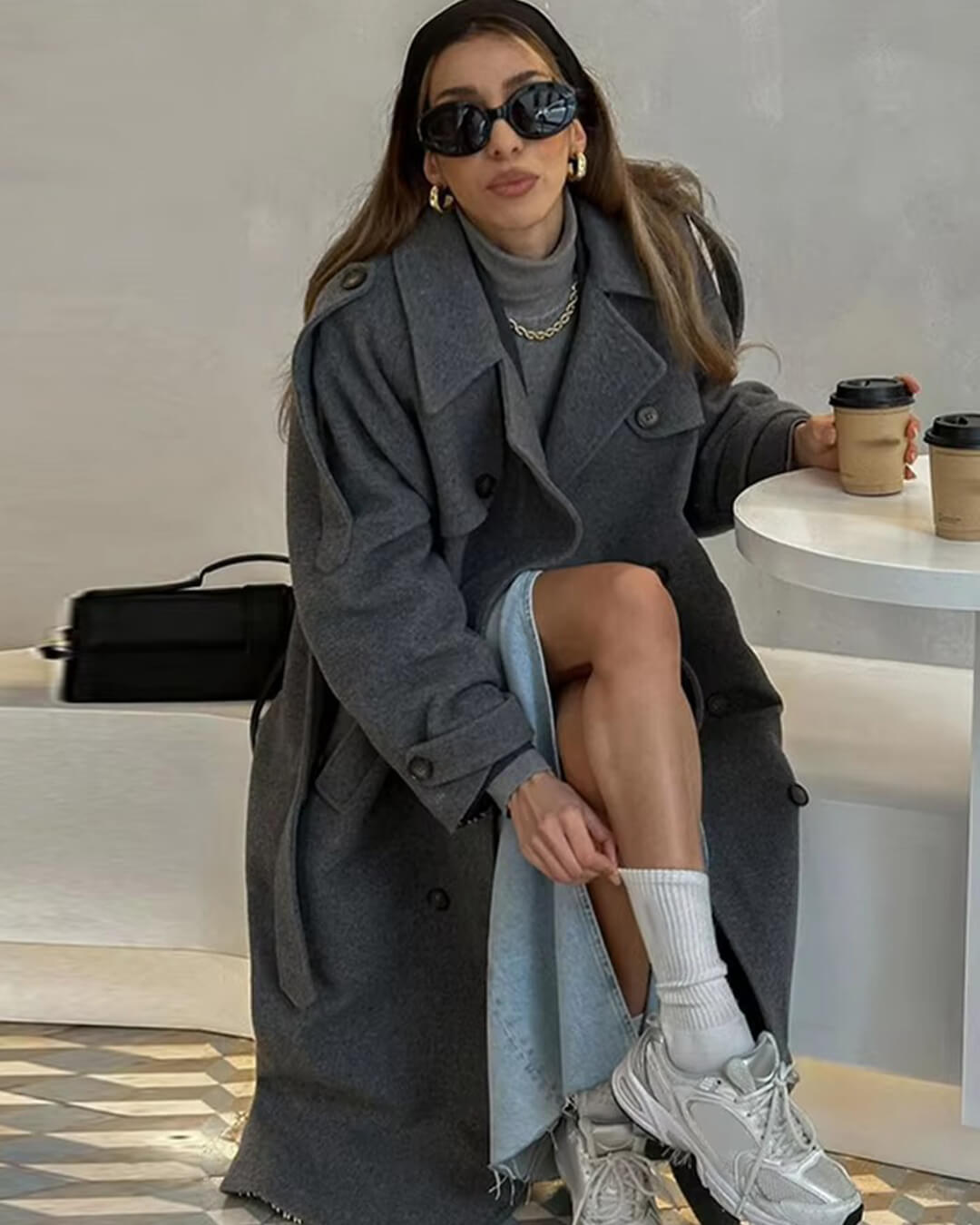 Cappotto lungo con cintura grigio Alicia