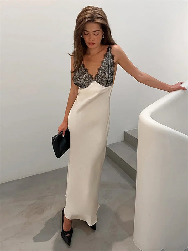 Ambre - Abito estivo in pizzo con scollo a V e inserti