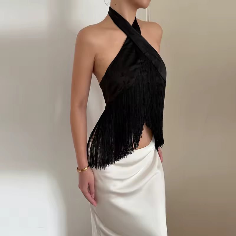 Top all'americana con frange in raso Amelie
