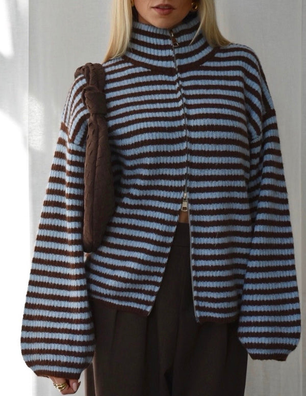 Cardigan in maglia a righe con collo a lupetto Angela
