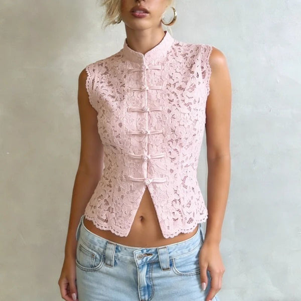 Beatrix Sheer Lace Mandarin Collar Blouse