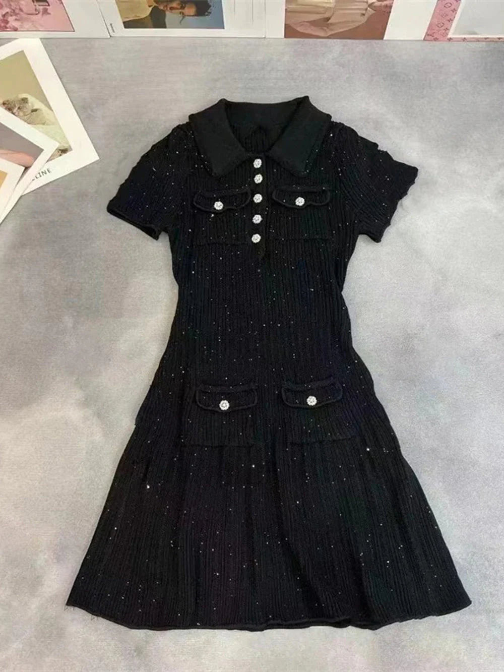 Abito corto Bianca in maglia con paillettes
