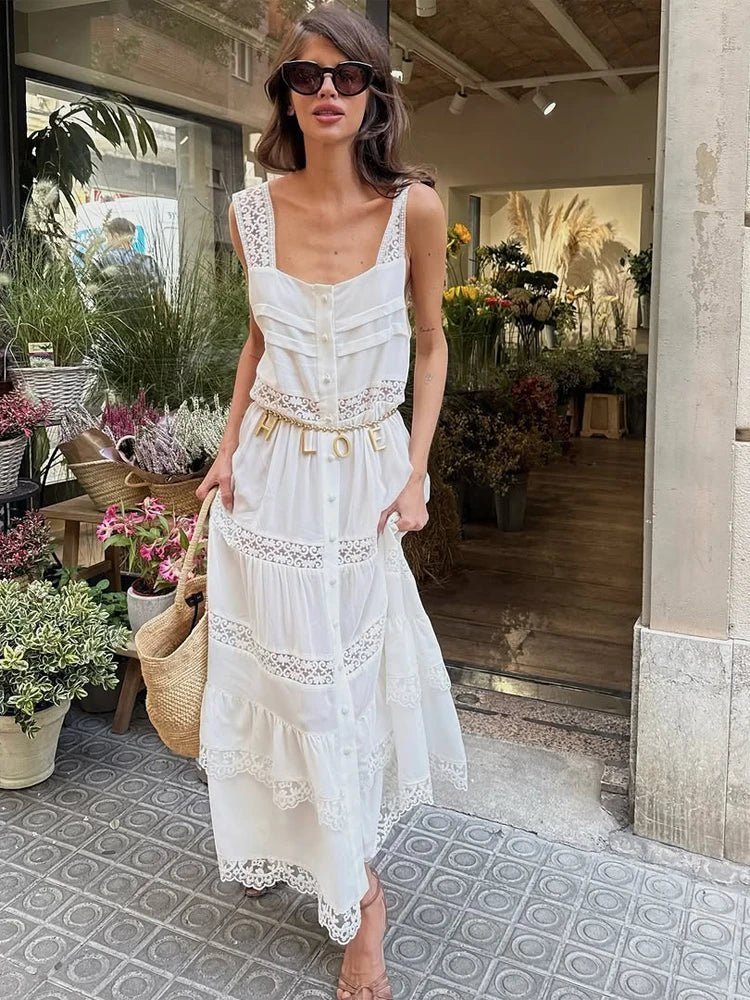 Abito lungo Bianca in pizzo patchwork a balze