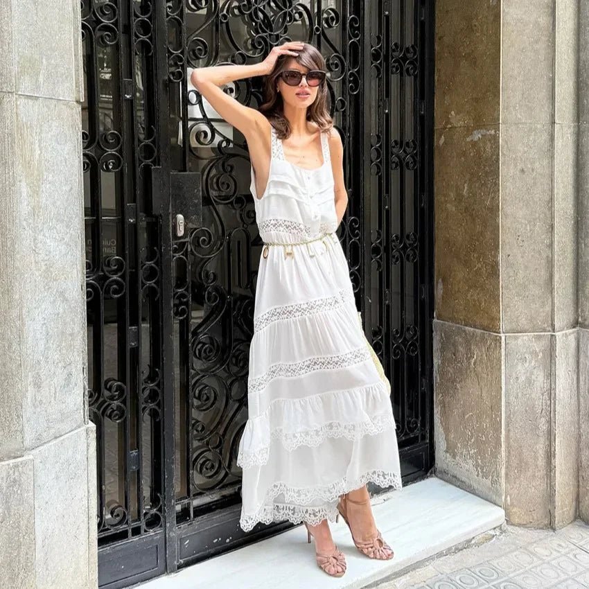 Abito lungo Bianca in pizzo patchwork a balze