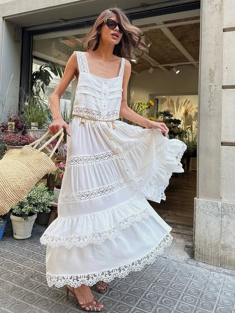 Abito lungo Bianca in pizzo patchwork a balze