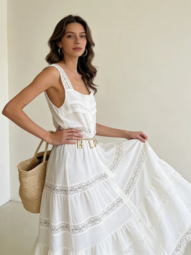 Abito lungo Bianca in pizzo patchwork a balze