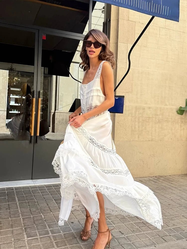 Abito lungo Bianca in pizzo patchwork a balze