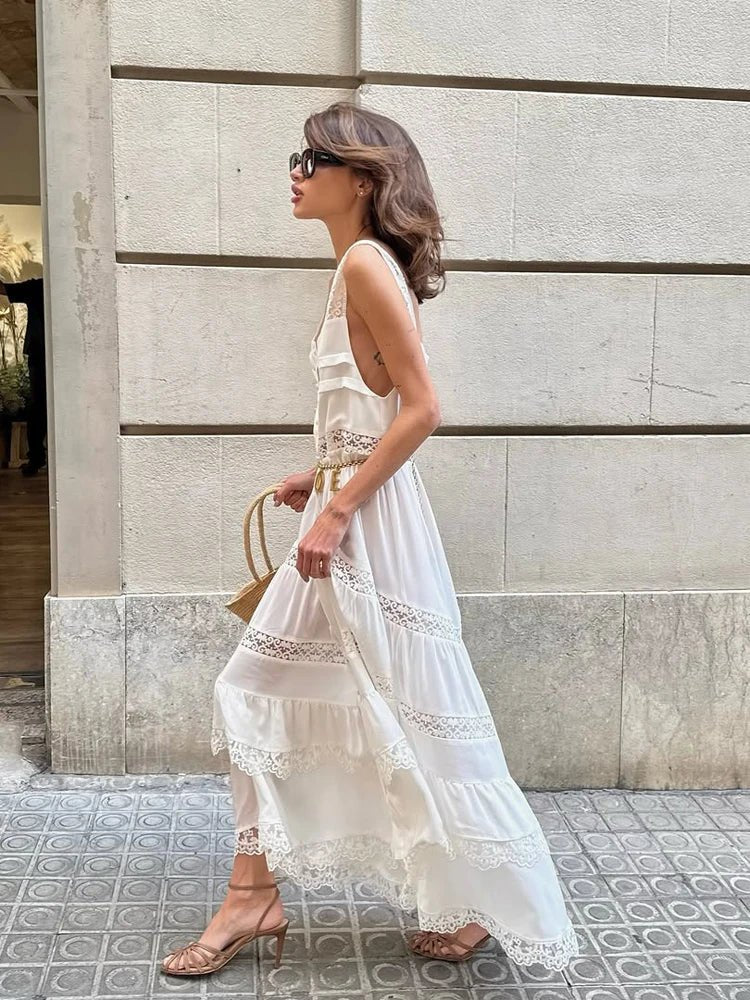 Abito lungo Bianca in pizzo patchwork a balze