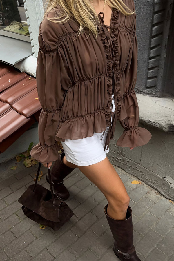 Carmen Ruched Ruffle Tie Blouse