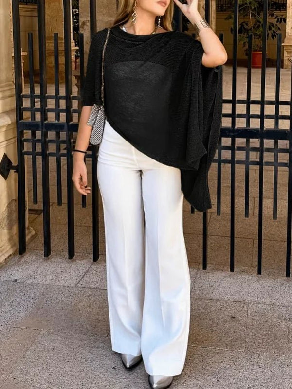 Top a mantella Celeste in maglia con maniche a pipistrello