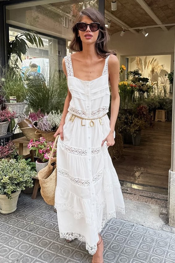 Abito lungo Celeste in pizzo boho patchwork con volant