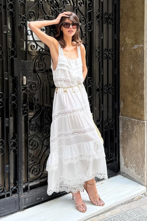 Abito lungo Celeste in pizzo boho patchwork con volant