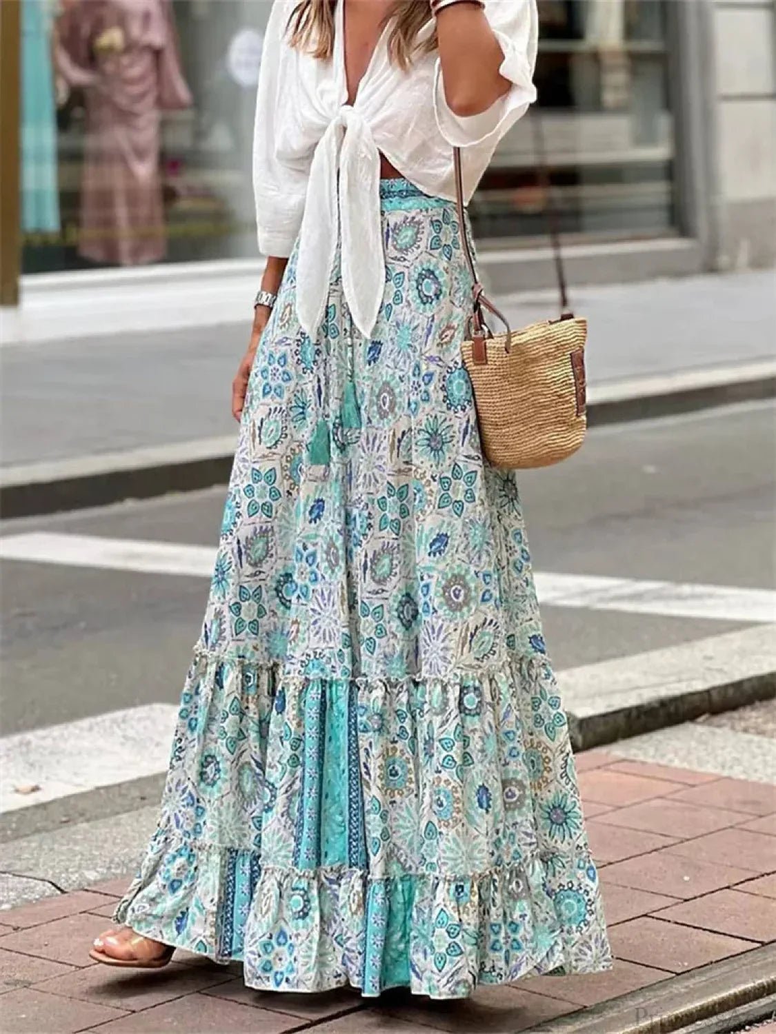 Gonna fluida con stampa boho e orlo a volant Celeste