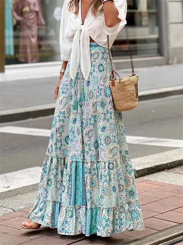 Gonna fluida con stampa boho e orlo a volant Celeste