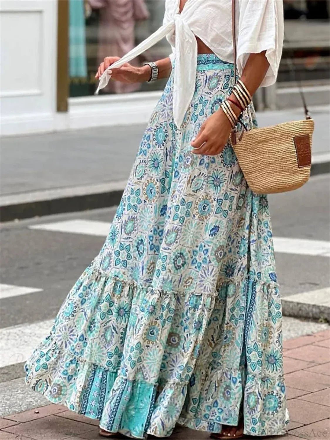 Gonna fluida con stampa boho e orlo a volant Celeste