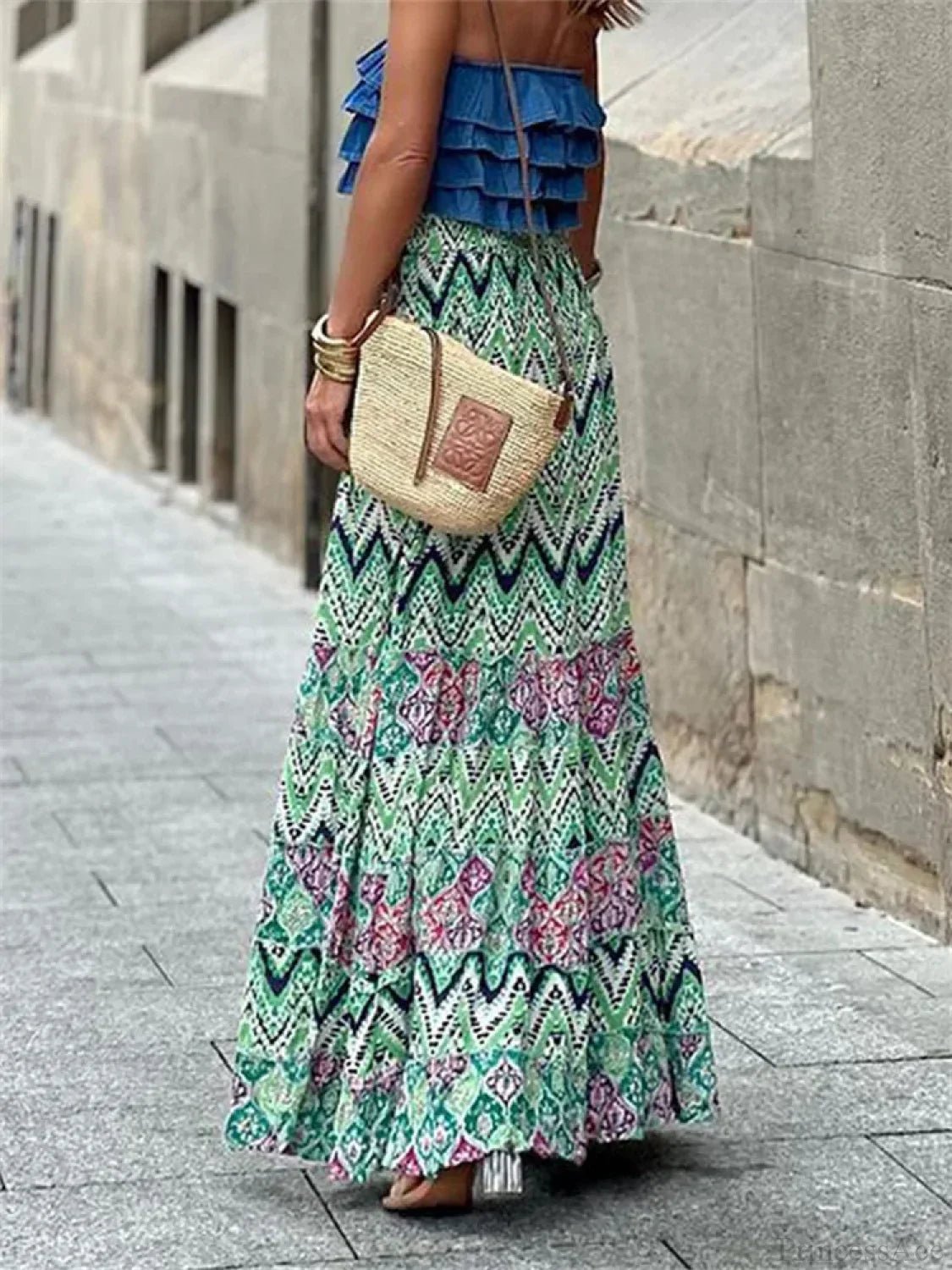 Gonna fluida con stampa boho e orlo a volant Celeste
