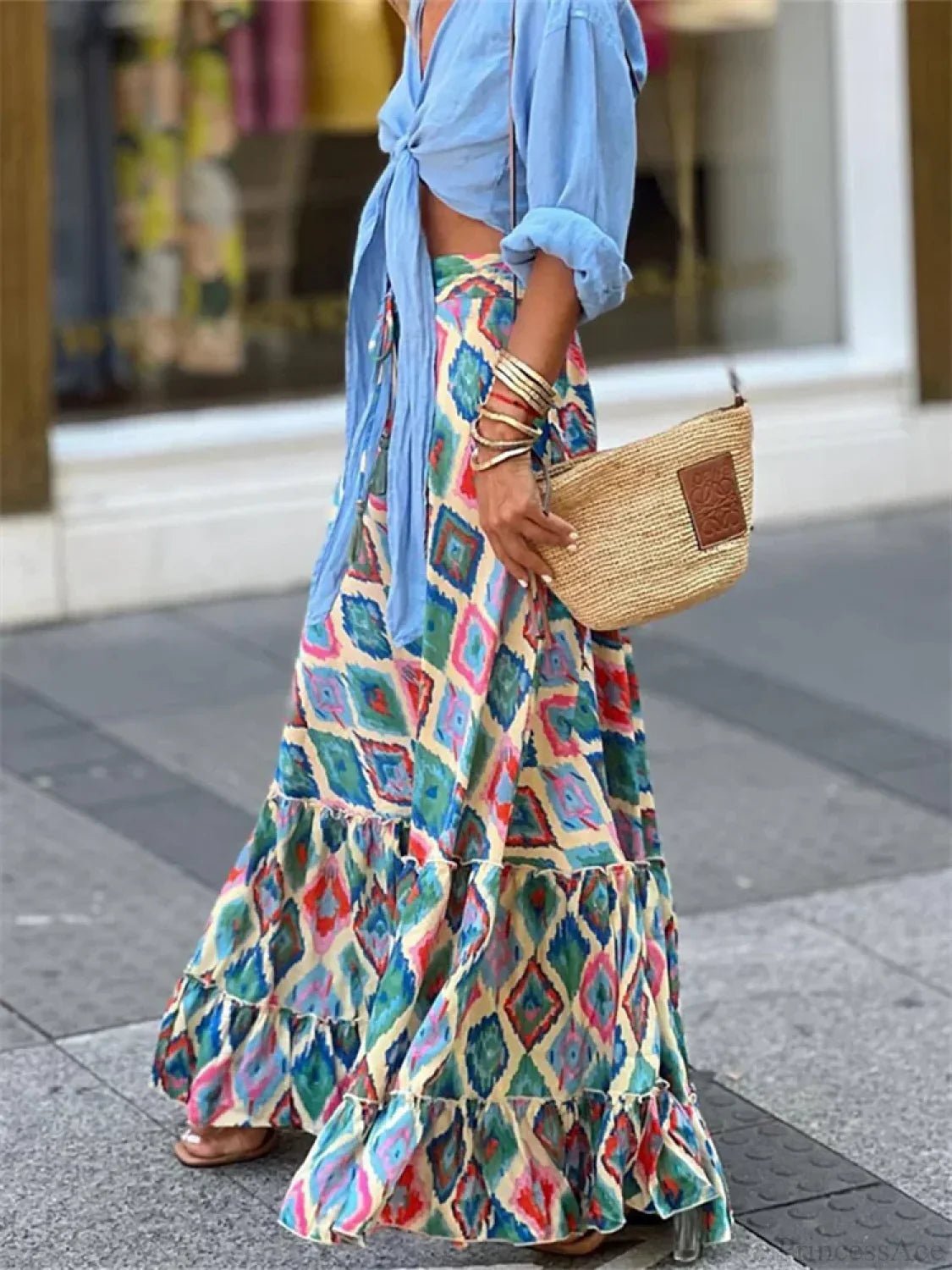 Gonna fluida con stampa boho e orlo a volant Celeste