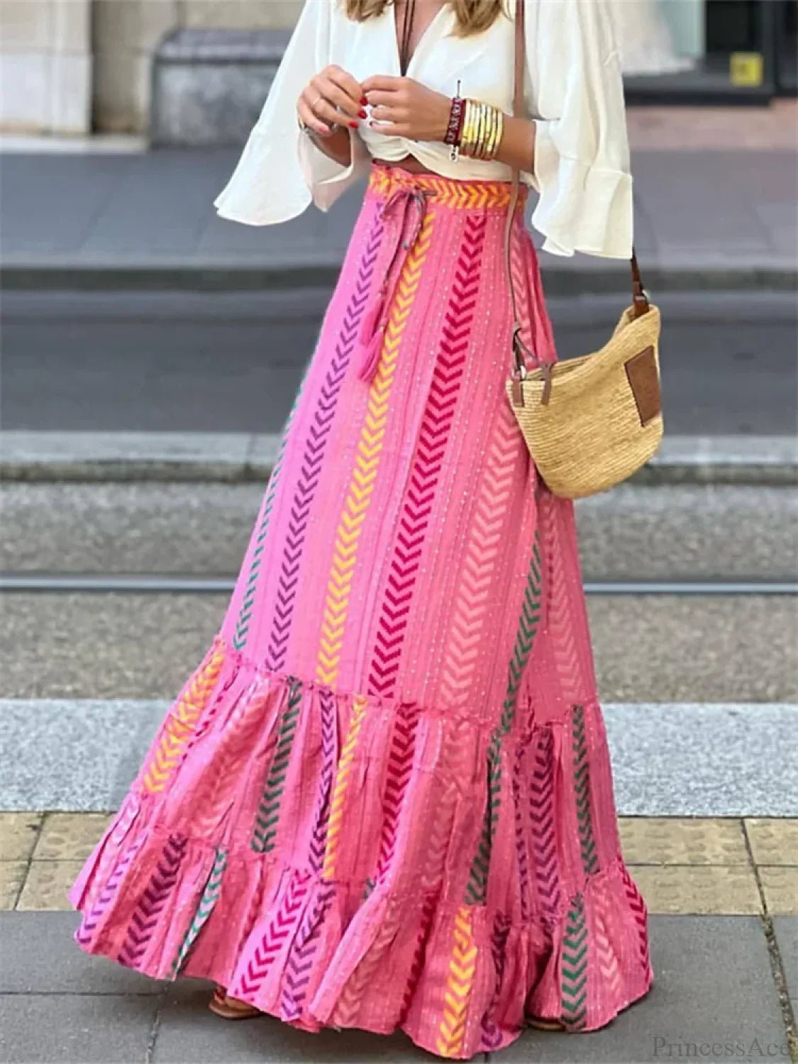 Gonna fluida con stampa boho e orlo a volant Celeste