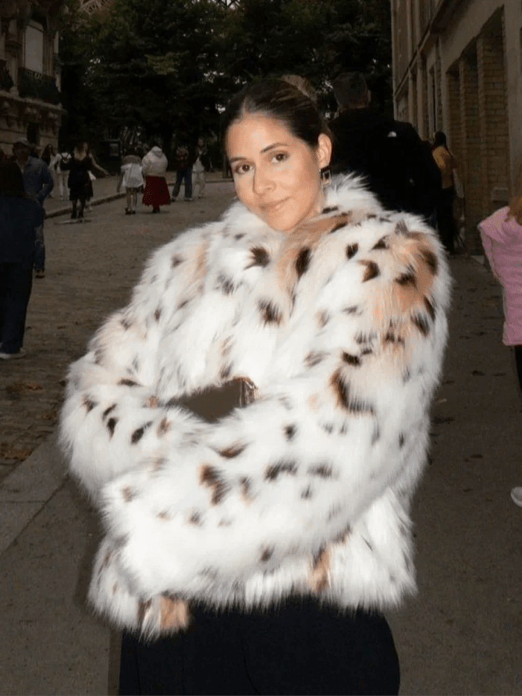 Cappotto in pelliccia sintetica leopardata Celeste