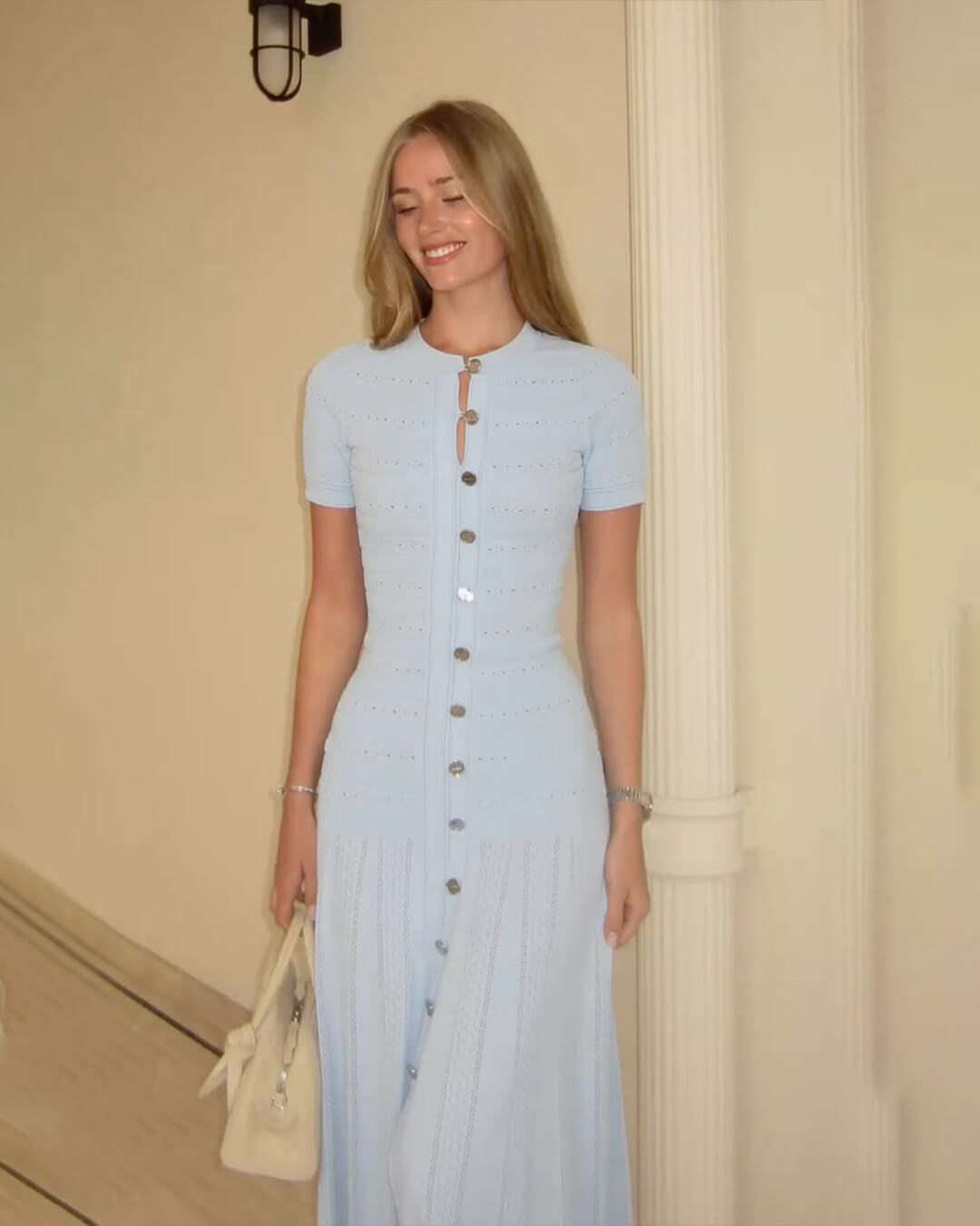 Abito midi Celeste in maglia a coste