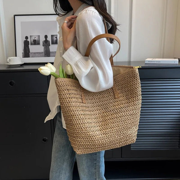 Borsa tote da spiaggia Celeste in paglia intrecciata