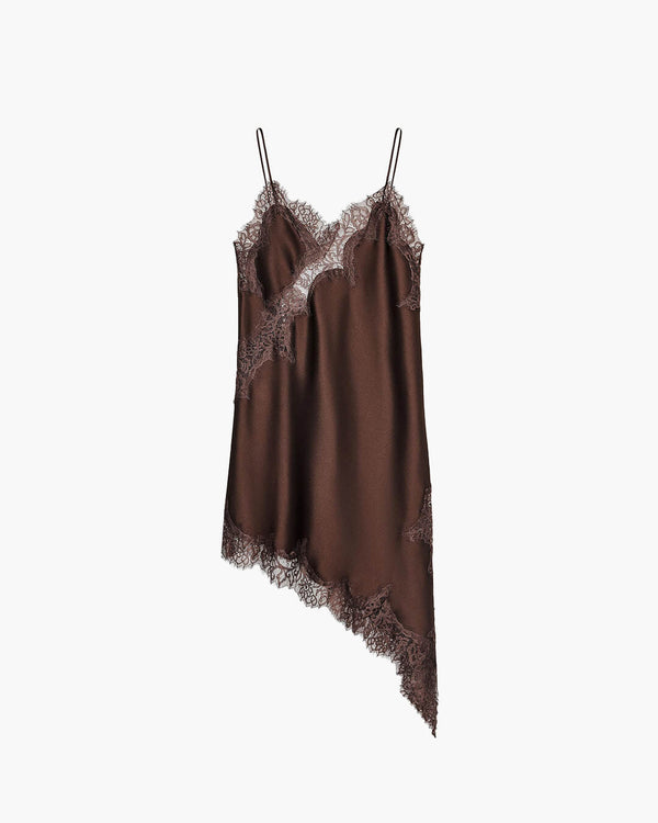 Abito midi Chiara in raso asimmetrico con pizzo