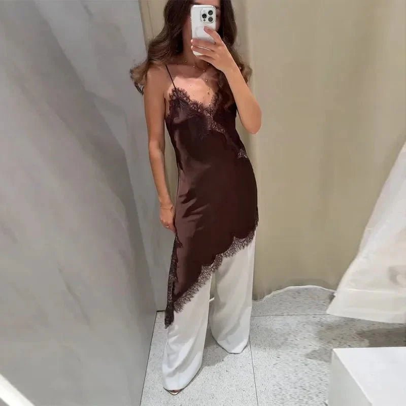 Abito midi Chiara in raso asimmetrico con pizzo
