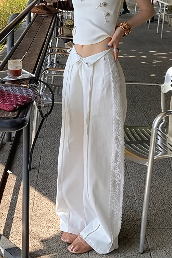 Clara Linen Lace Splicing Straight Pants