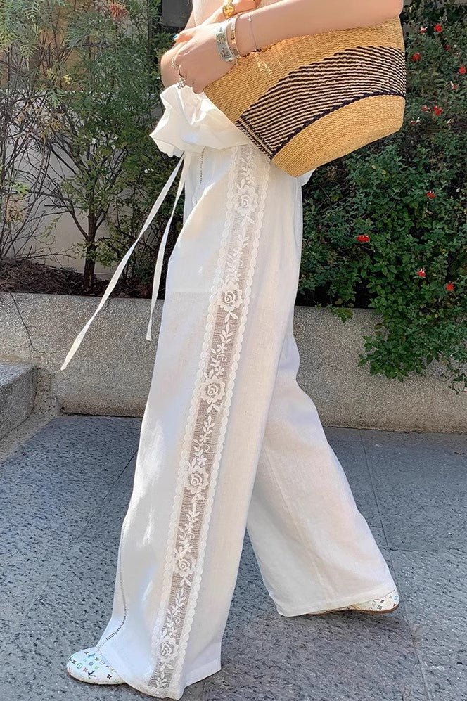 Pantaloni dritti Clara in lino con inserti in pizzo