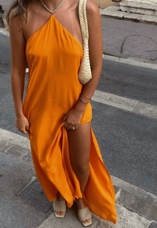Abito lungo con paillettes e scollo all'americana Claudia
