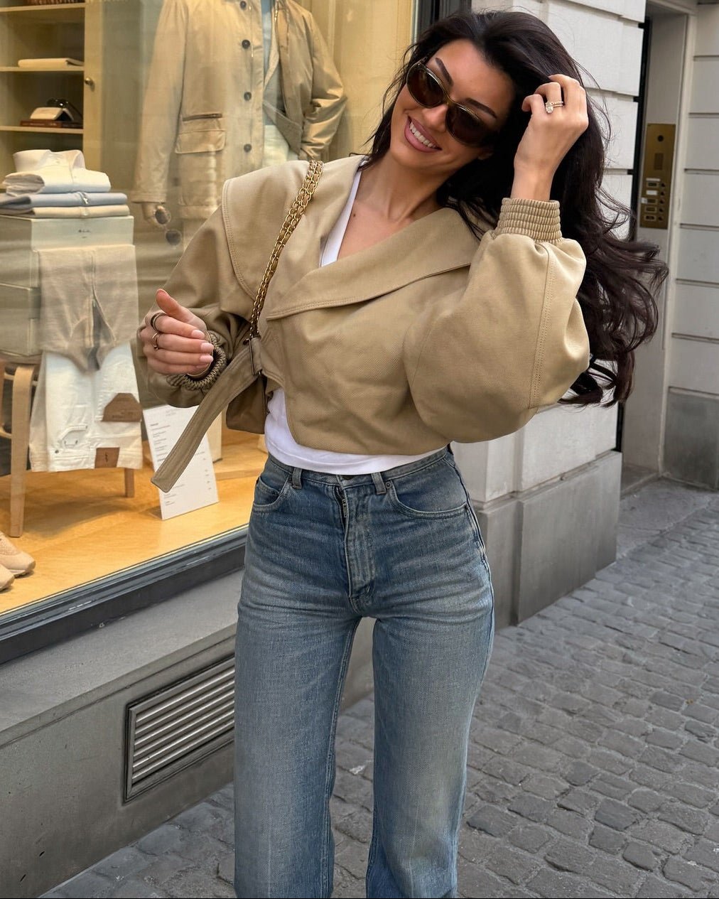 Cappotto con revers e fascia elastica in vita Courtney