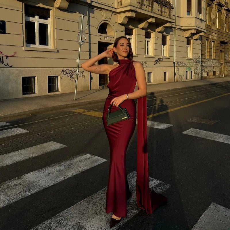 Demetra - Abito da sera senza schiena in raso, all'americana