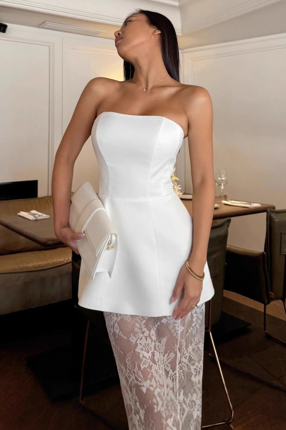 Completo lungo Effie in pizzo senza spalline