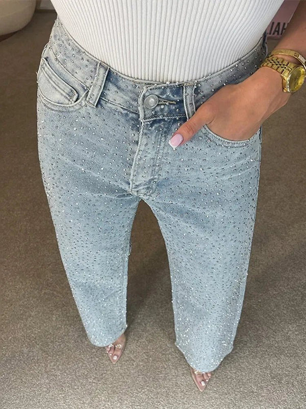Pantaloni in denim a gamba larga Eliana con strass