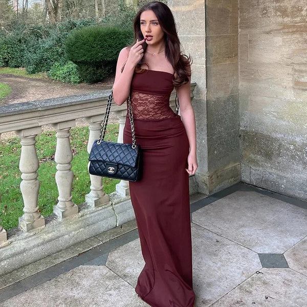 Abito lungo in georgette con pizzo e inserto in mesh in vita