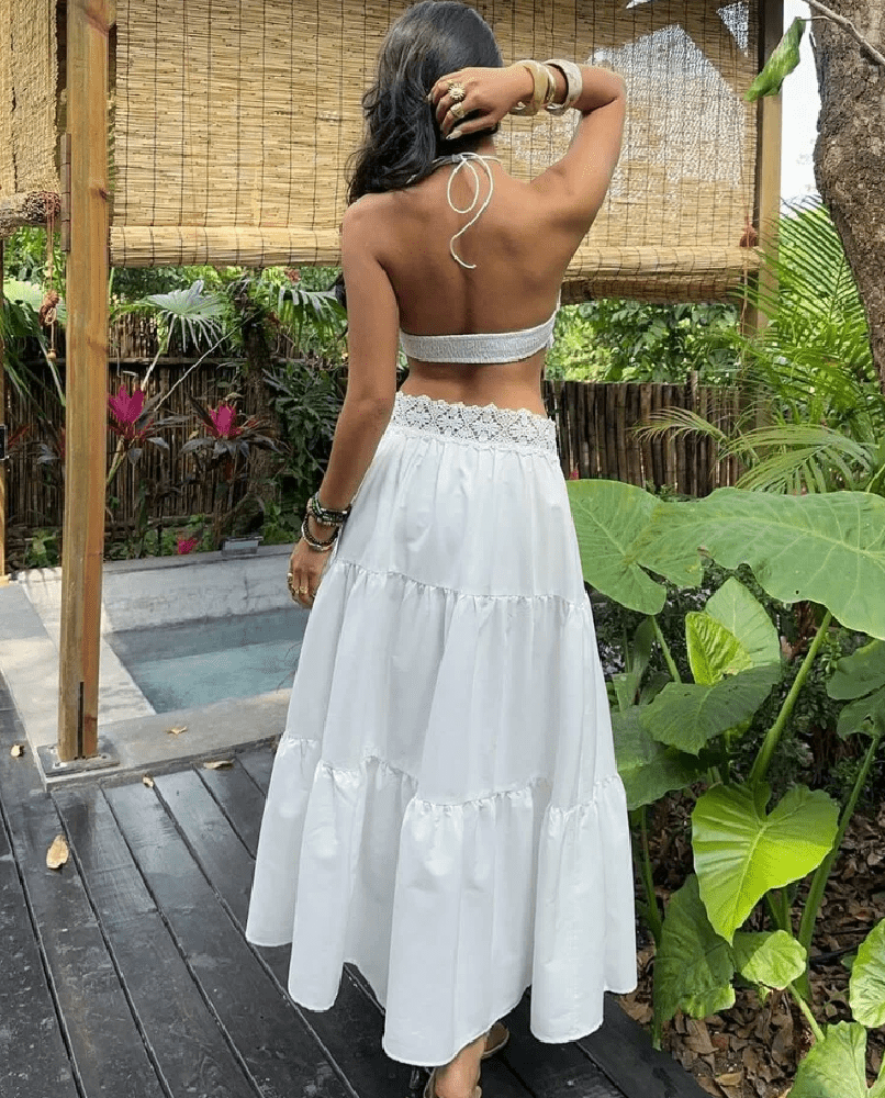 Completo Helena con top in pizzo all'americana e gonna a strati