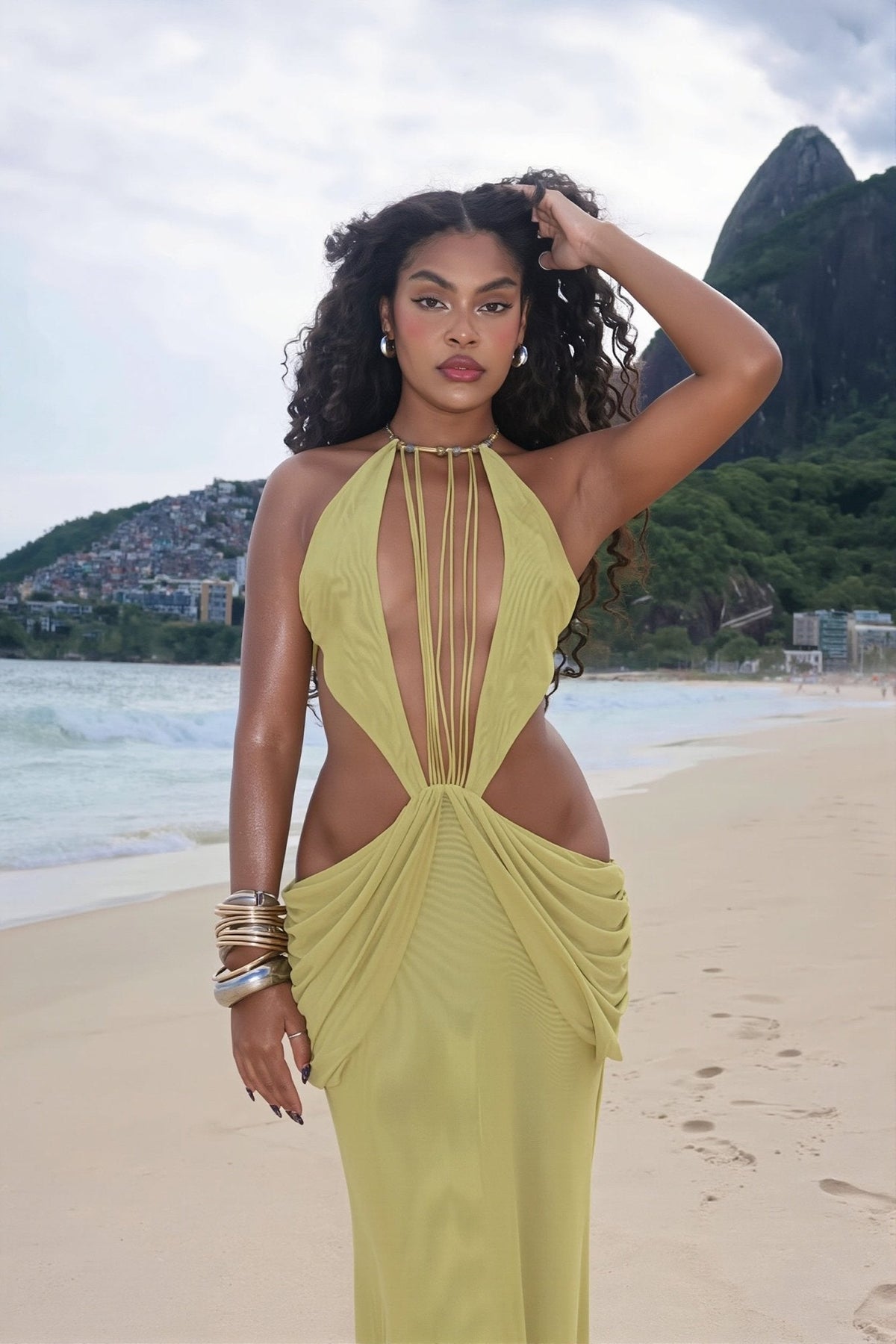 Abito lungo Hillary con perline e scollo all'americana
